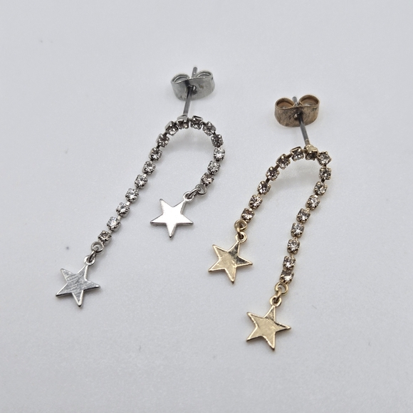 Vintage Jewelry - Shooting Stars Cz Crystal Dangle Earrings Fairy Silver AND Gold Tone Mixed Metal
